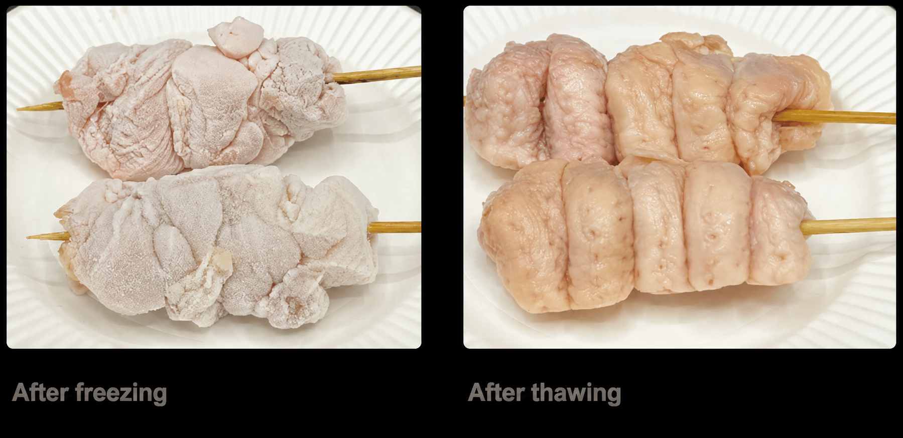 Skewered chicken — after freezing and after thawing